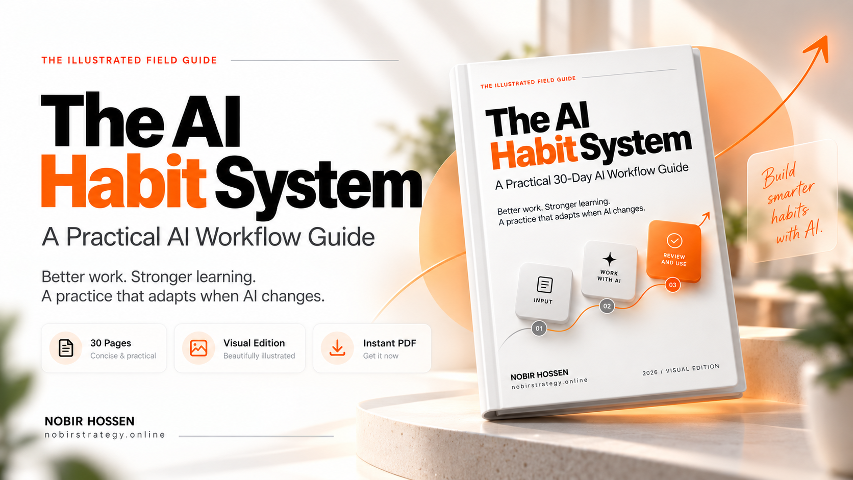 The AI Habit System by Nobir Hossen, a white-and-orange practical AI workflow guide shown beside a premium book mockup and a three-step AI work process.